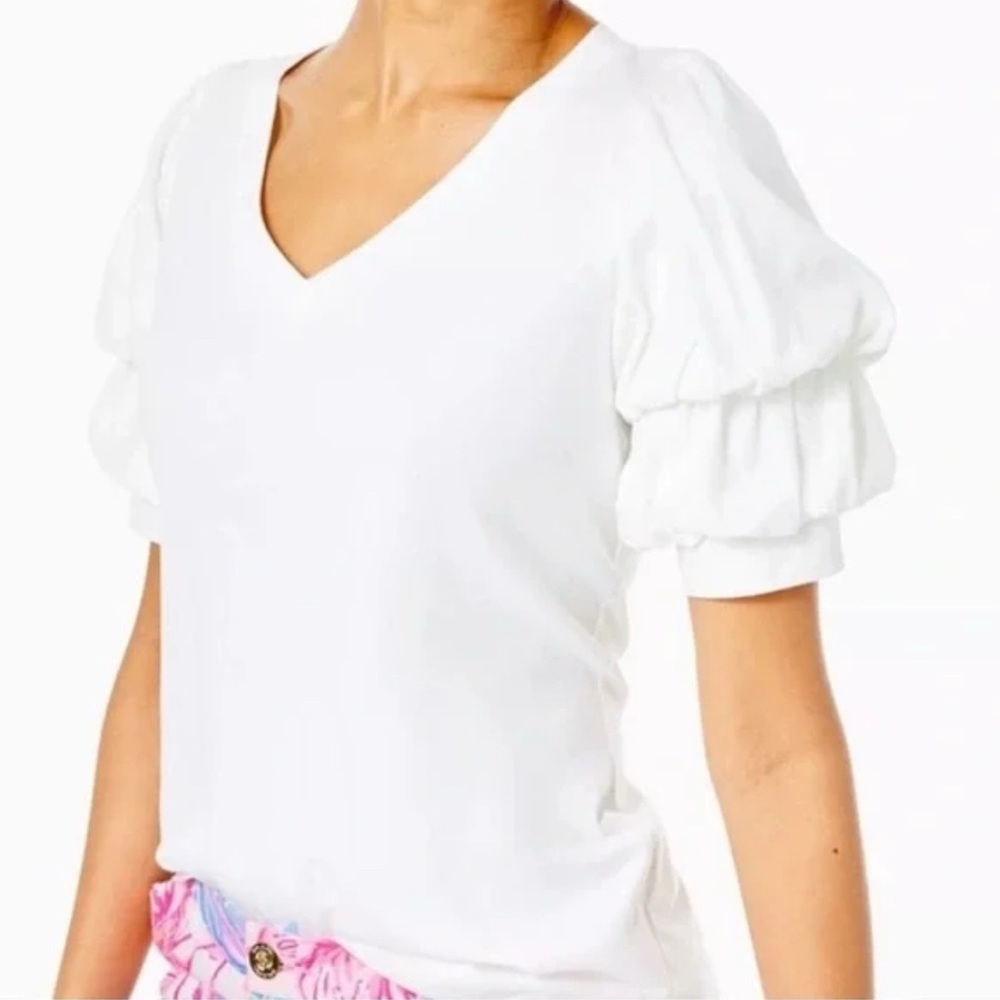 Lilly Pulitzer Cream Ruffled Fitted Short Sleeve Blouse